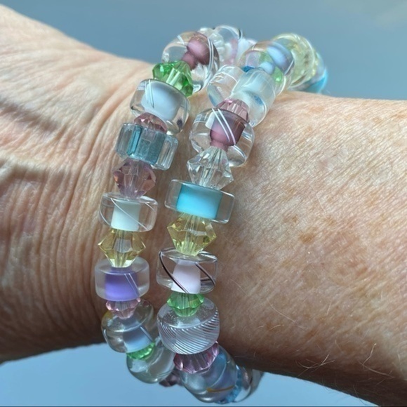 Artisan Jewelry - Artisan 925 Sterling Silver Pastel Pink Blue Crystal Glass Beaded Bracelet NEW